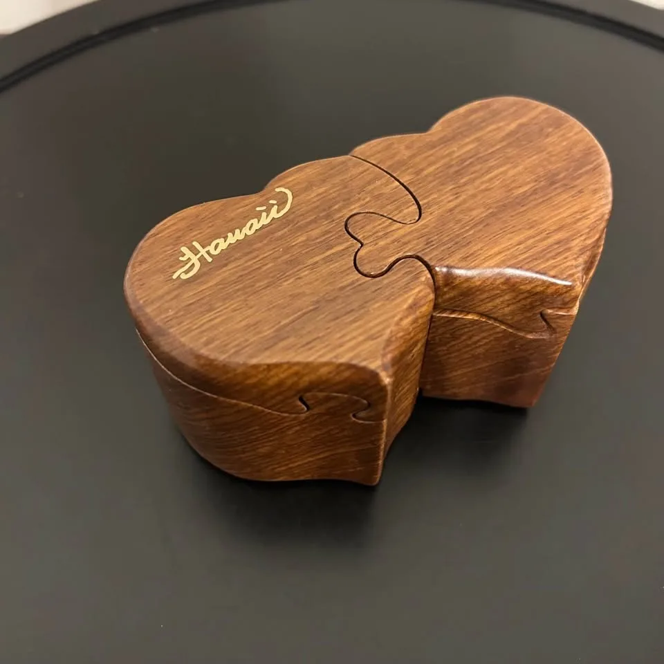 Hand-Carved Hawaii Small Wooden Puzzle Hearts Trinket Box image indicator(10)