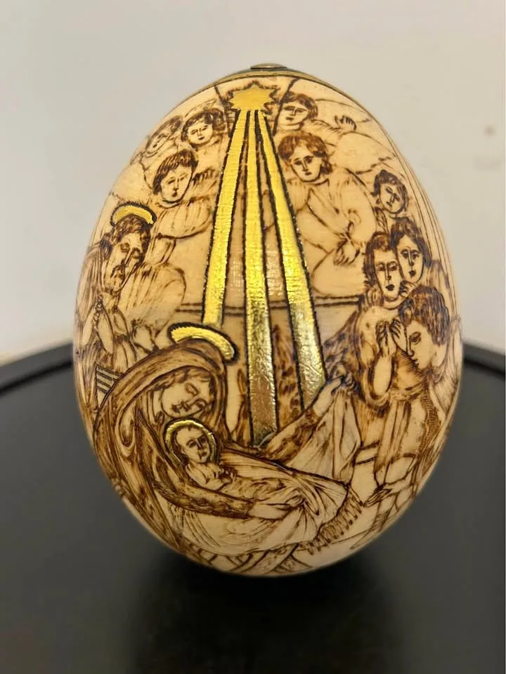 Handcrafted Wooden Egg – Nativity Scene with Gold Accents