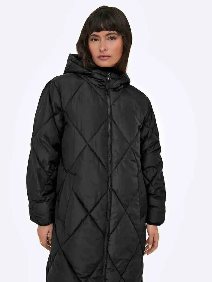 ONLY Black Diamond Quilted Longline Hooded Coat