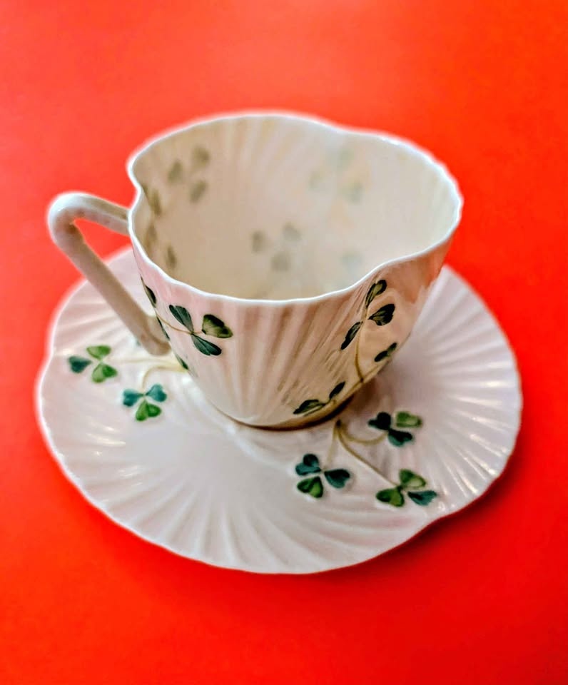 Vintage Irish Belleek Harp Handle Shamrock Tea Cup & Saucer