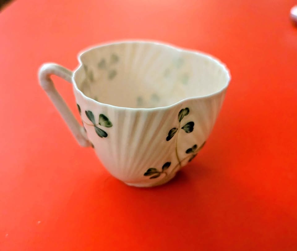 Vintage Irish Belleek Harp Handle Shamrock Tea Cup & Saucer - photo 4