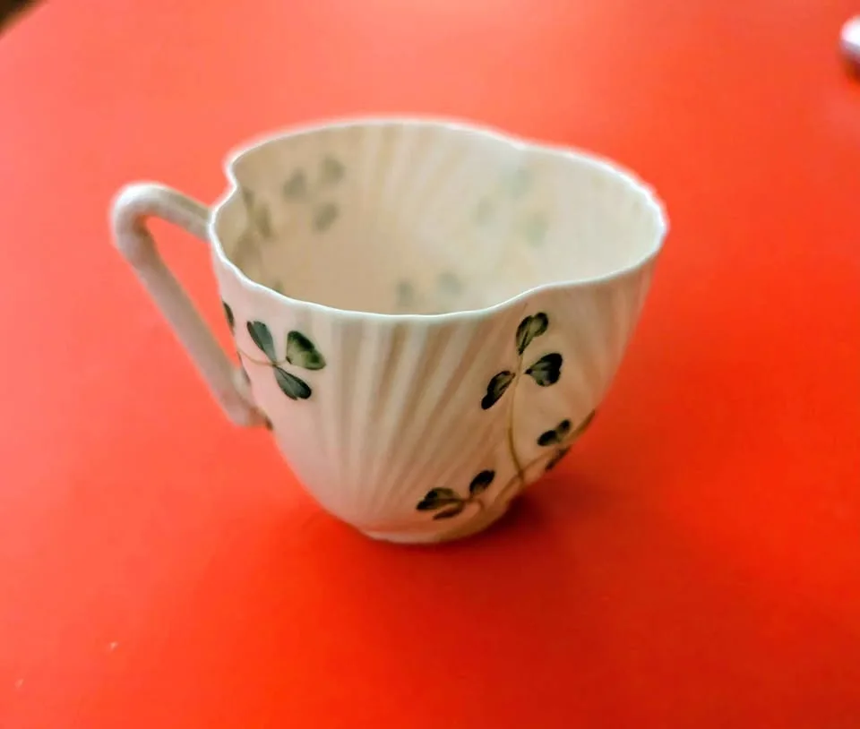 Vintage Irish Belleek Harp Handle Shamrock Tea Cup & Saucer image indicator(4)