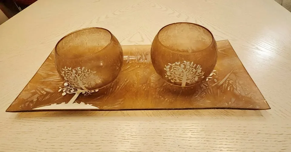 Frosted Decorative Tray with Tree Motif and 2 Matching Bowls