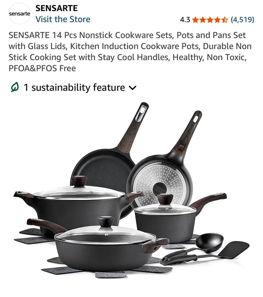 Sensarte 14-Piece Non-Stick Cookware Set - Black