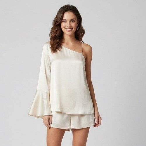 Sabo Skirt Luxe Satin Romper One Shoulder Flare Long Sleeve Play