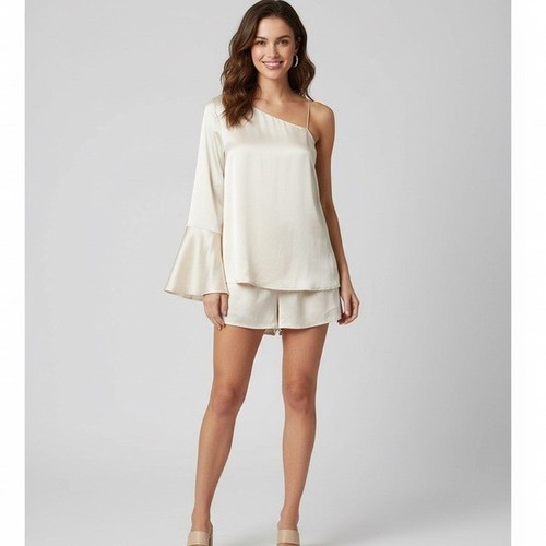 Sabo Skirt Luxe Satin Romper One Shoulder Flare Long Sleeve Play - photo 3