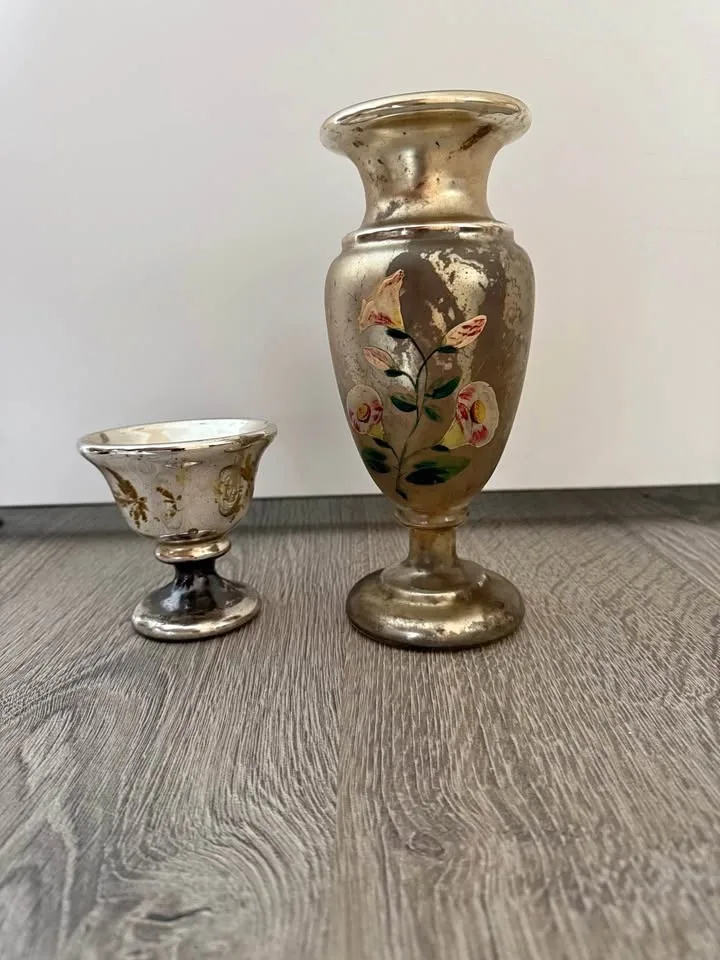 Vintage Antique Mercury Glass Silver Hand Painted 2 pcs