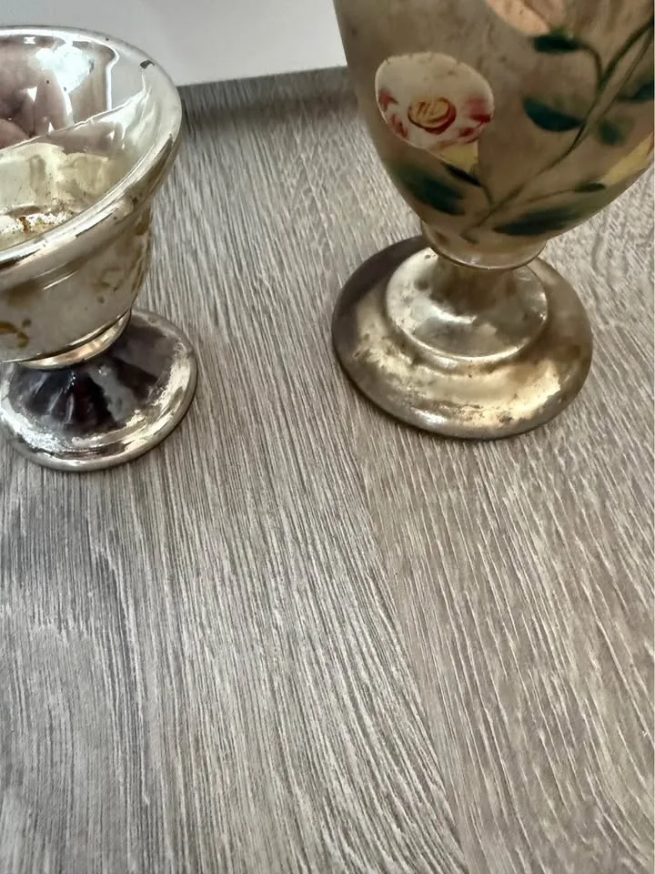 Vintage Antique Mercury Glass Silver Hand Painted 2 pcs image indicator(3)