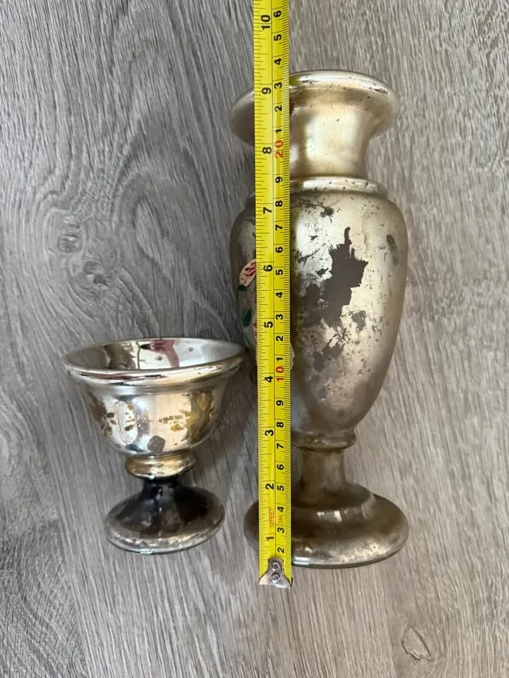 Vintage Antique Mercury Glass Silver Hand Painted 2 pcs image indicator(6)