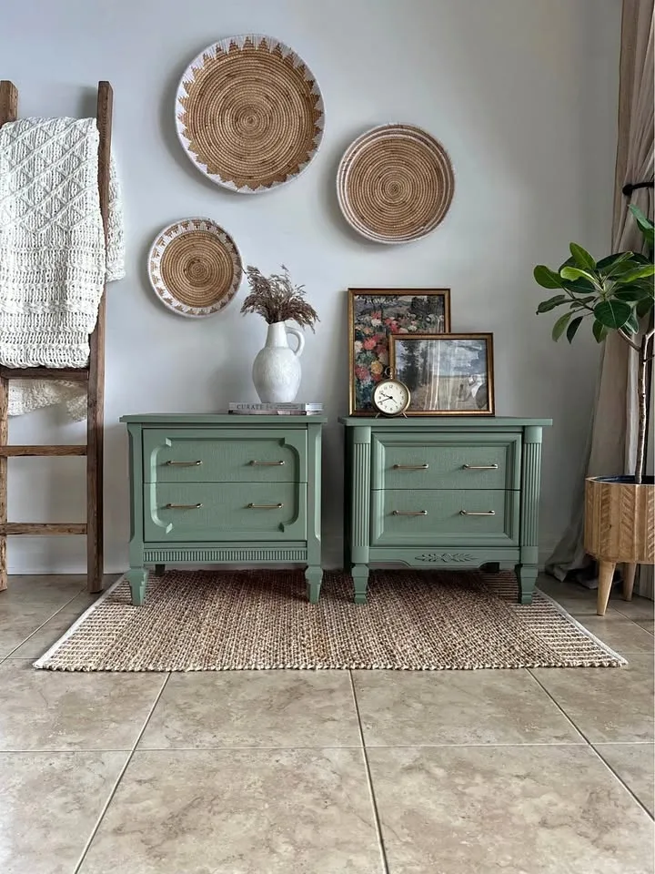 Refinished Vintage Nightstand Set - Earthy Green