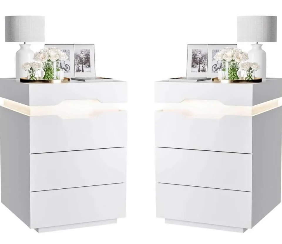 LED Nightstand Set of 2 – 3 Drawers with Charging Station