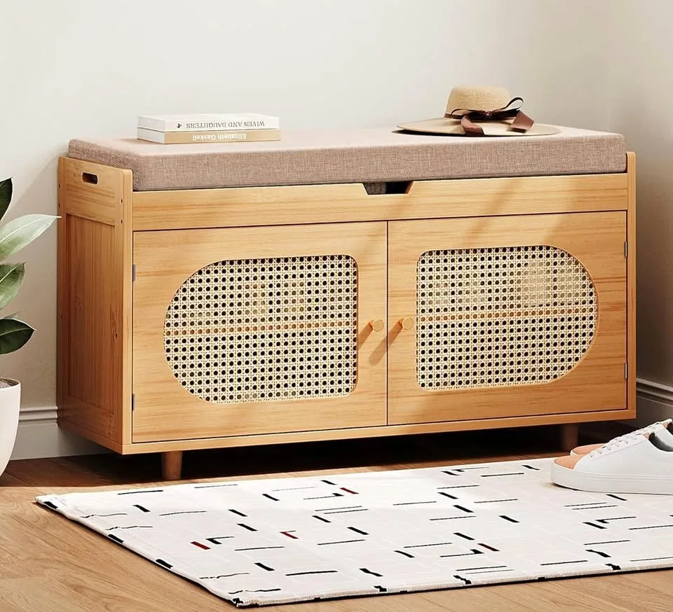Bamboo & Rattan Shoe Storage Bench – 2-Tier, Comfy Seat