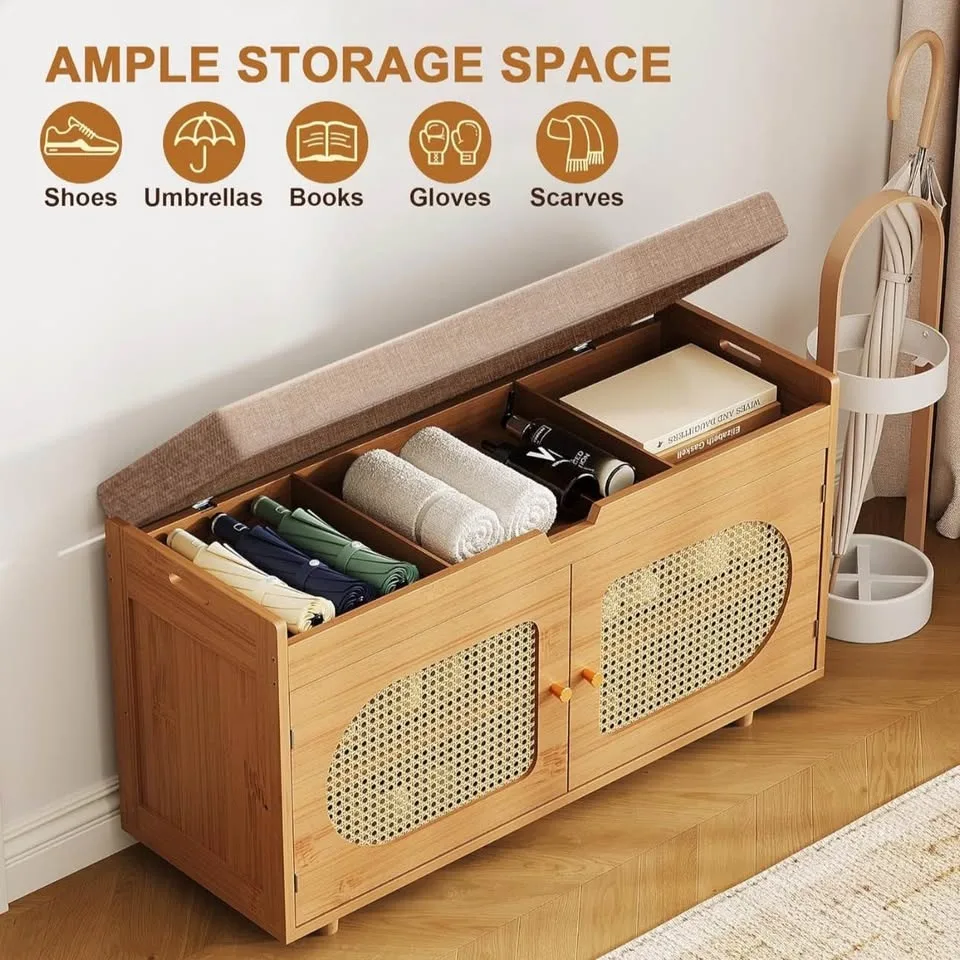 Bamboo & Rattan Shoe Storage Bench – 2-Tier, Comfy Seat image indicator(3)