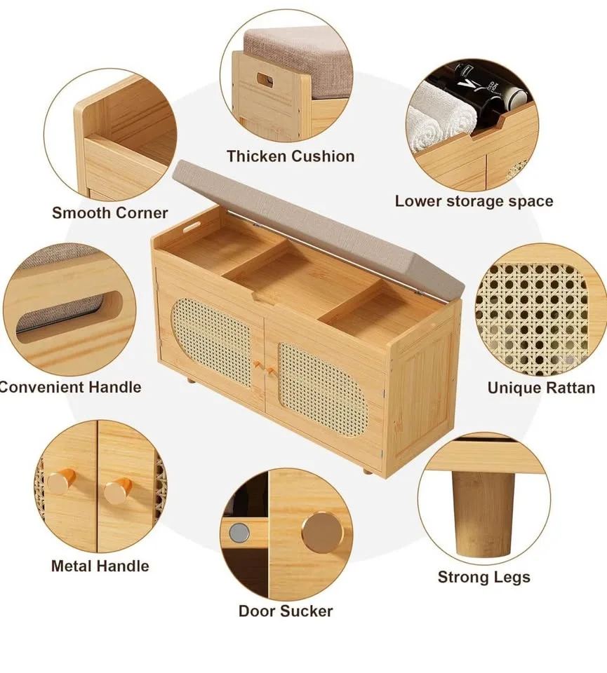 Bamboo & Rattan Shoe Storage Bench – 2-Tier, Comfy Seat image indicator(4)