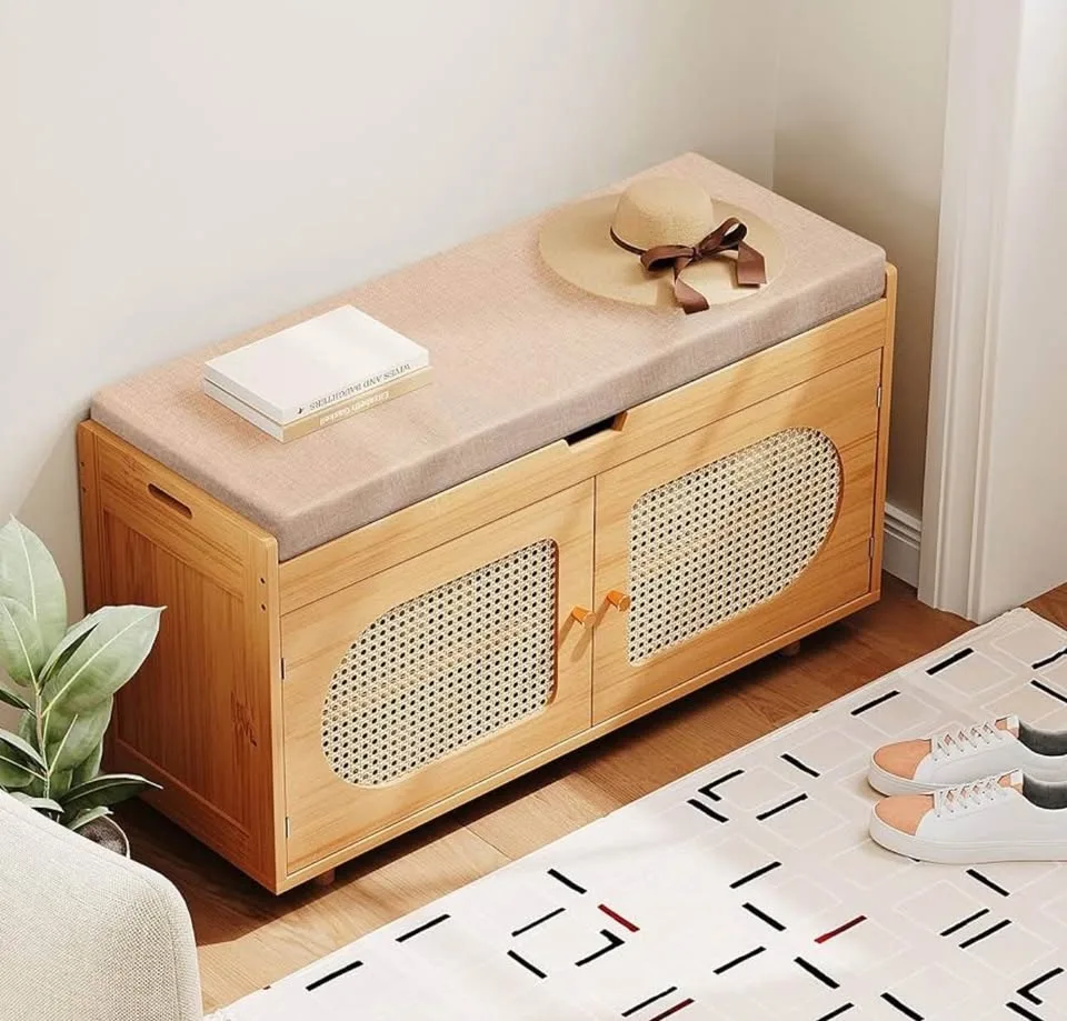 Bamboo & Rattan Shoe Storage Bench – 2-Tier, Comfy Seat image indicator(6)