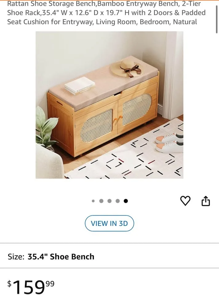 Bamboo & Rattan Shoe Storage Bench – 2-Tier, Comfy Seat image indicator(7)