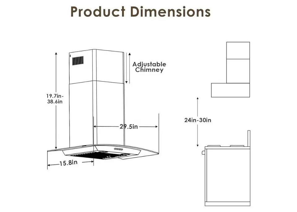 30” Curved Glass Range Hood – 450 CFM, Stainless Steel, LED image indicator(2)
