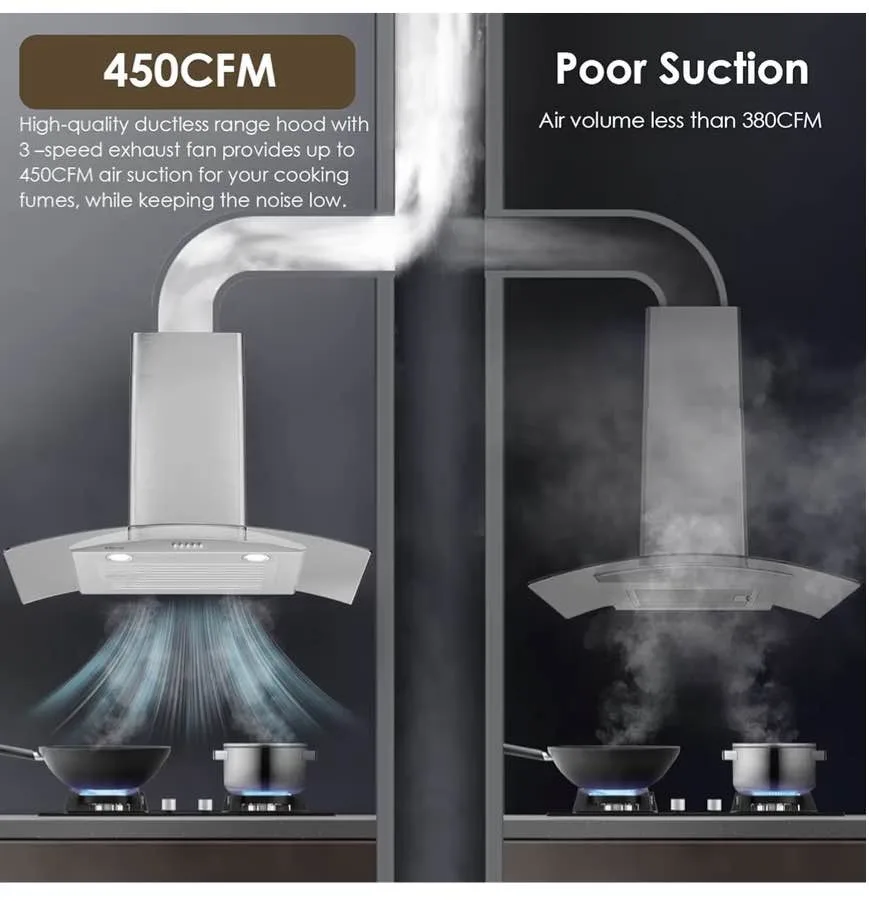 30” Curved Glass Range Hood – 450 CFM, Stainless Steel, LED image indicator(4)