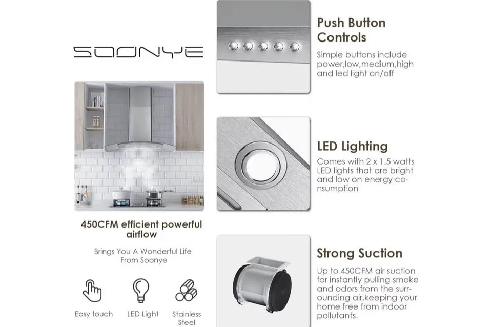 30” Curved Glass Range Hood – 450 CFM, Stainless Steel, LED image indicator(5)