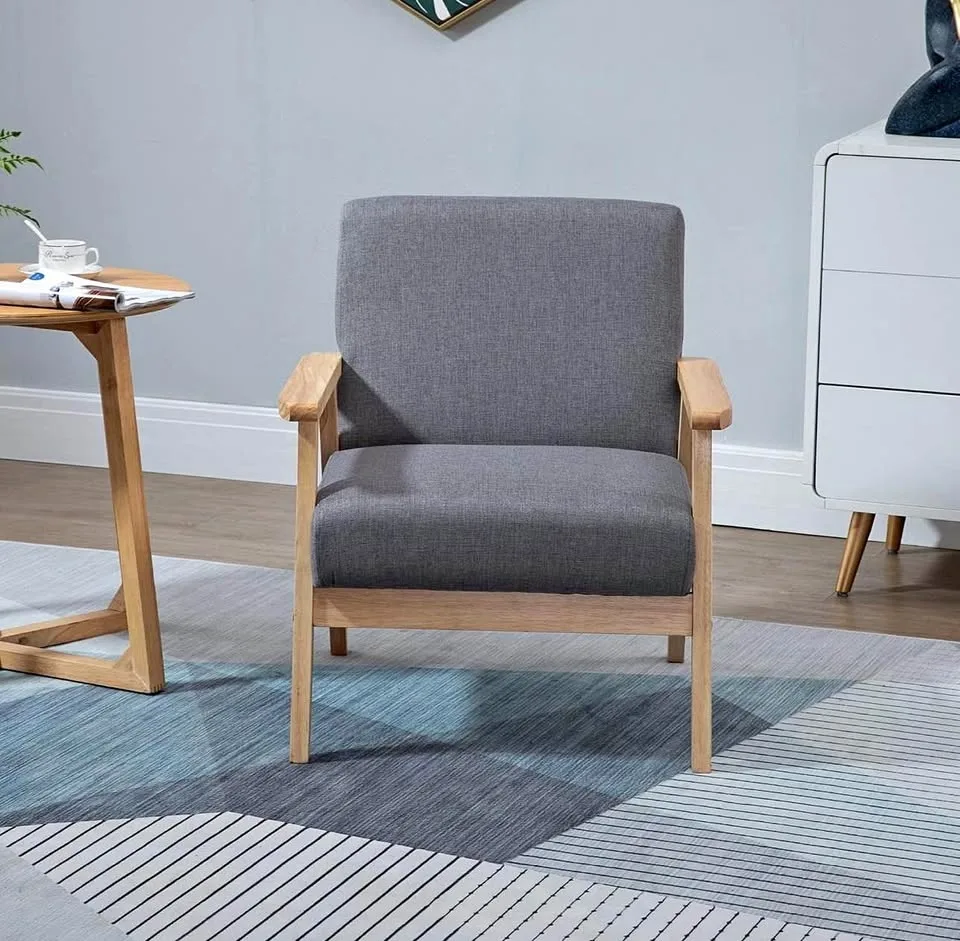 Modern Grey Accent Chair – Wide Seat, Wood Frame