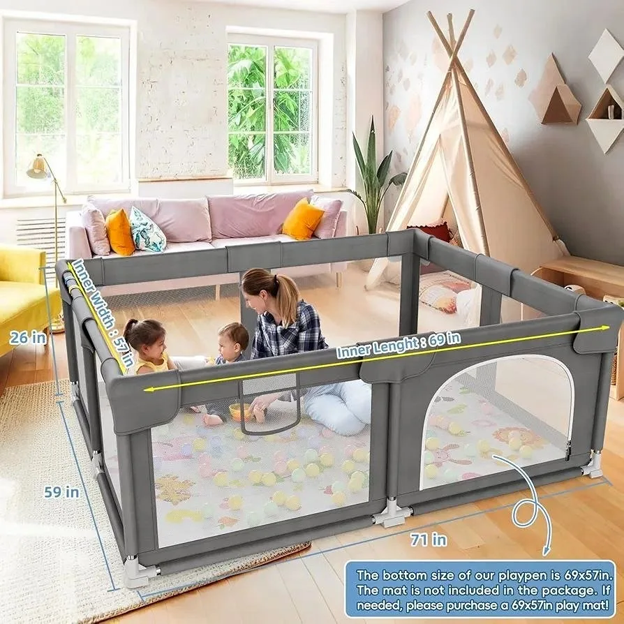 $60 NEW Extra Large Baby Playpen 71×59inch PREMIUM Grey