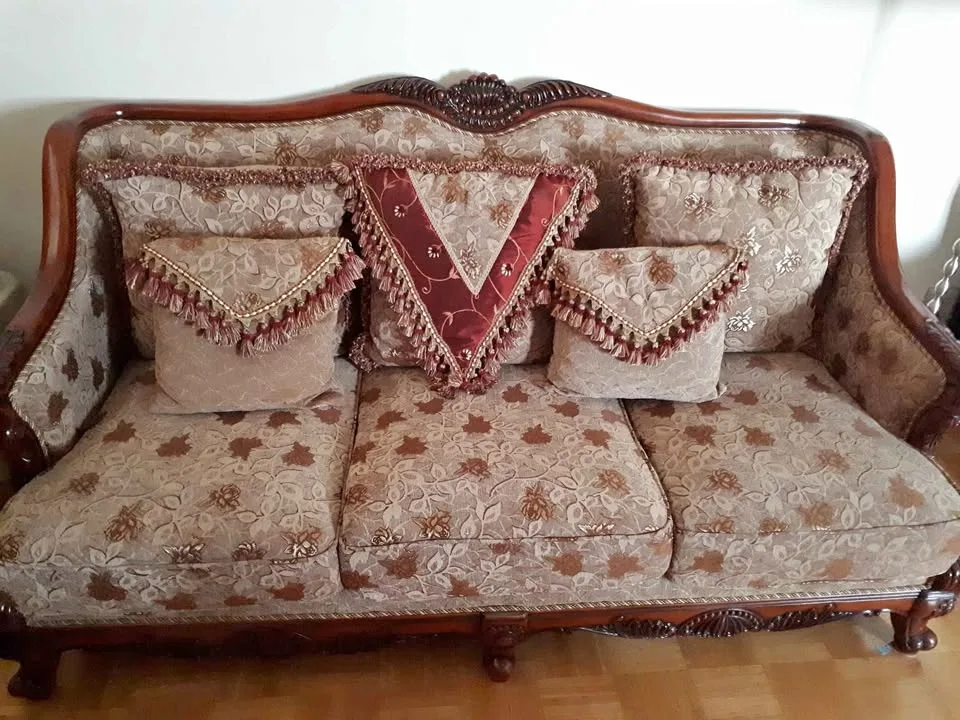 Brown Solid Wood Frame Floral Three Piece Sofa Set