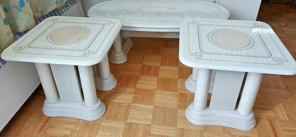 Three Piece Italian Marble White Coffee Table Set