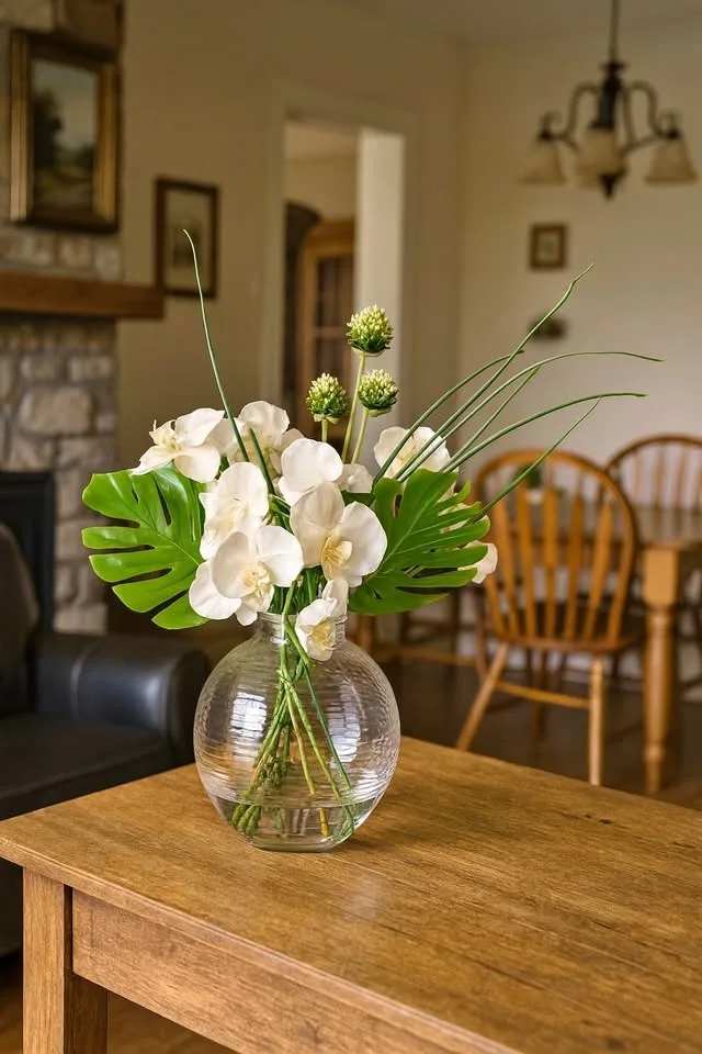 Artificial Floral Arrangement in Glass Vase – Beautiful Decor!