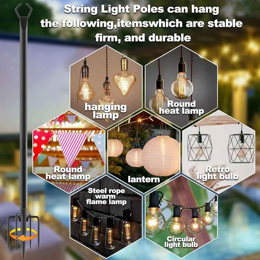 6 Pack 10 ft Heavy Duty Metal String Light Poles - photo 3