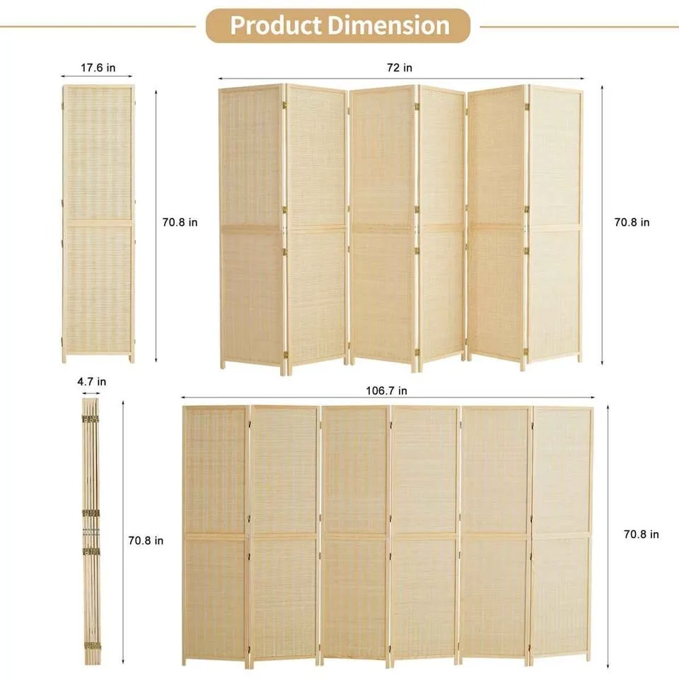 6 Panel Room Divider and Folding Screen Divider,Bamboo Panel Scr image indicator(2)