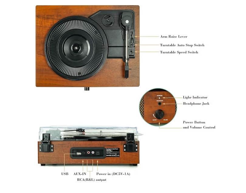 Vinyl Record Player Bluetooth Vintage 3-Speed Portable - photo 3
