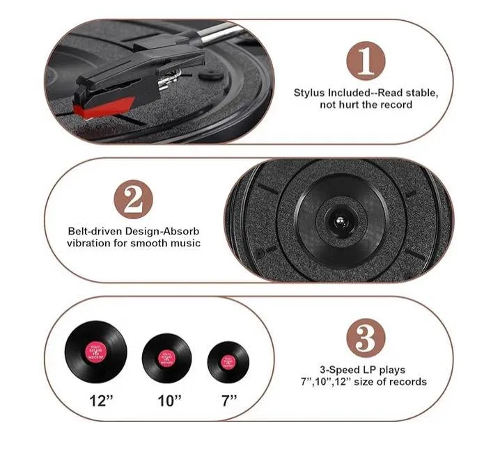 Vinyl Record Player Bluetooth Vintage 3-Speed Portable image indicator(4)