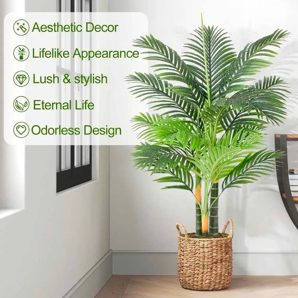 NEW - 4ft Tall Triple Golden Cane Palm Artificial Tree image indicator(4)