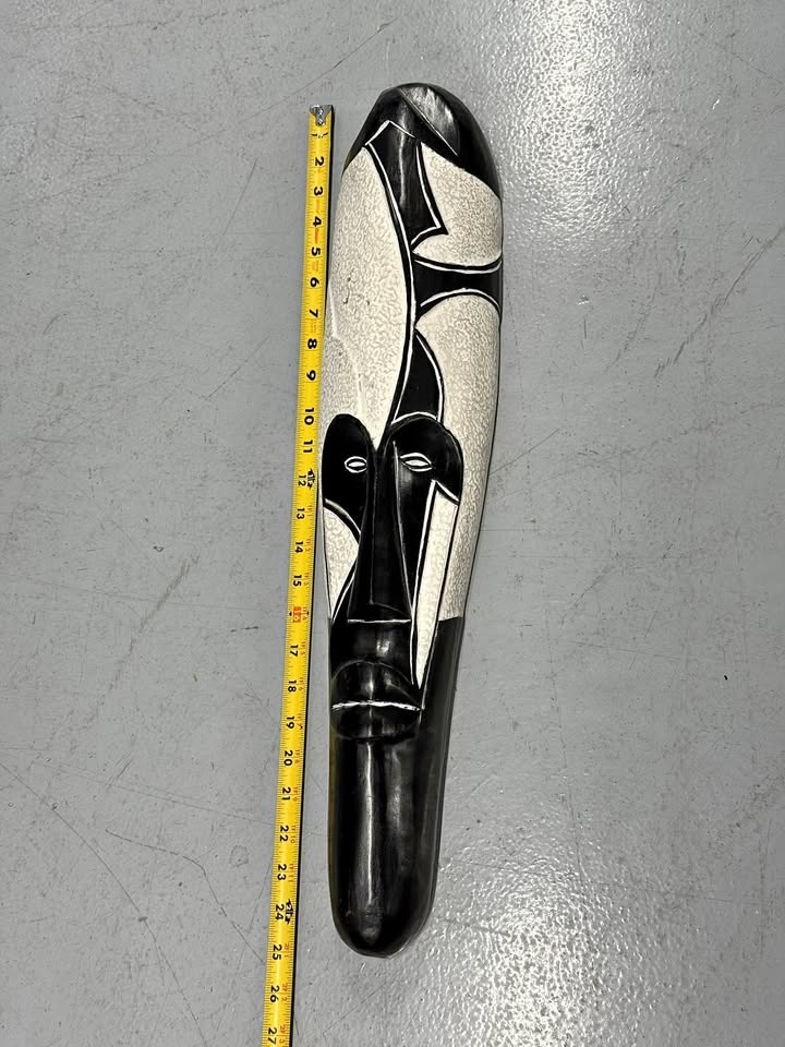 Abstract Black & White Carved Wall Mask 25” Modern African Art