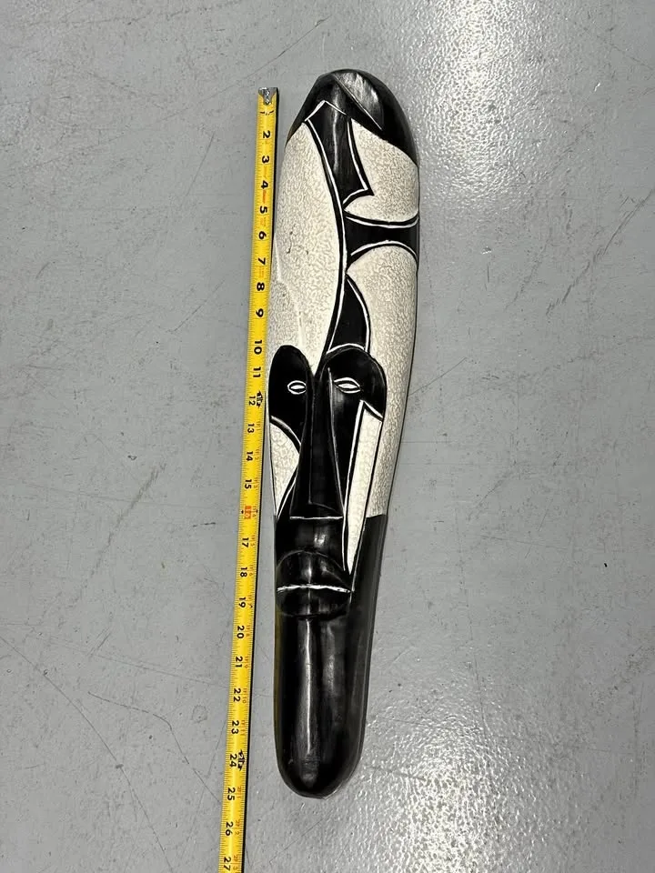 Abstract Black & White Carved Wall Mask 25” Modern African Art