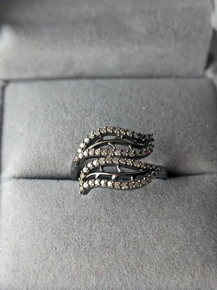 Diamond Ring Black Rhodium Plated 925 Silver 3.25g 0.4ct Leaf De