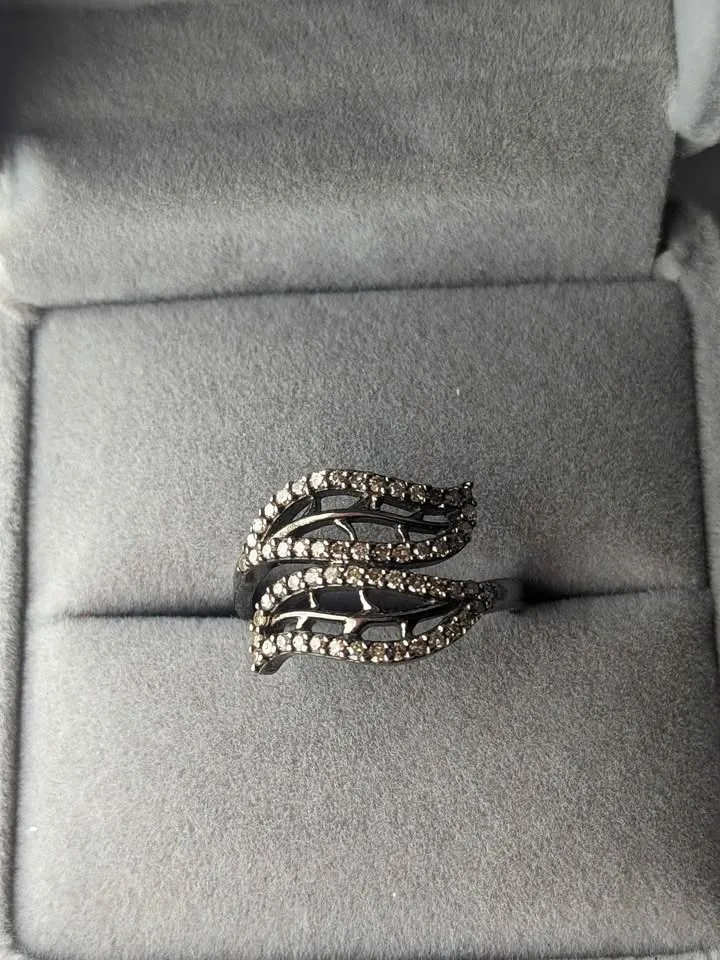 Diamond Ring Black Rhodium Plated 925 Silver 3.25g 0.4ct Leaf De image indicator(2)