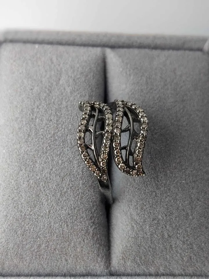 Diamond Ring Black Rhodium Plated 925 Silver 3.25g 0.4ct Leaf De image indicator(3)