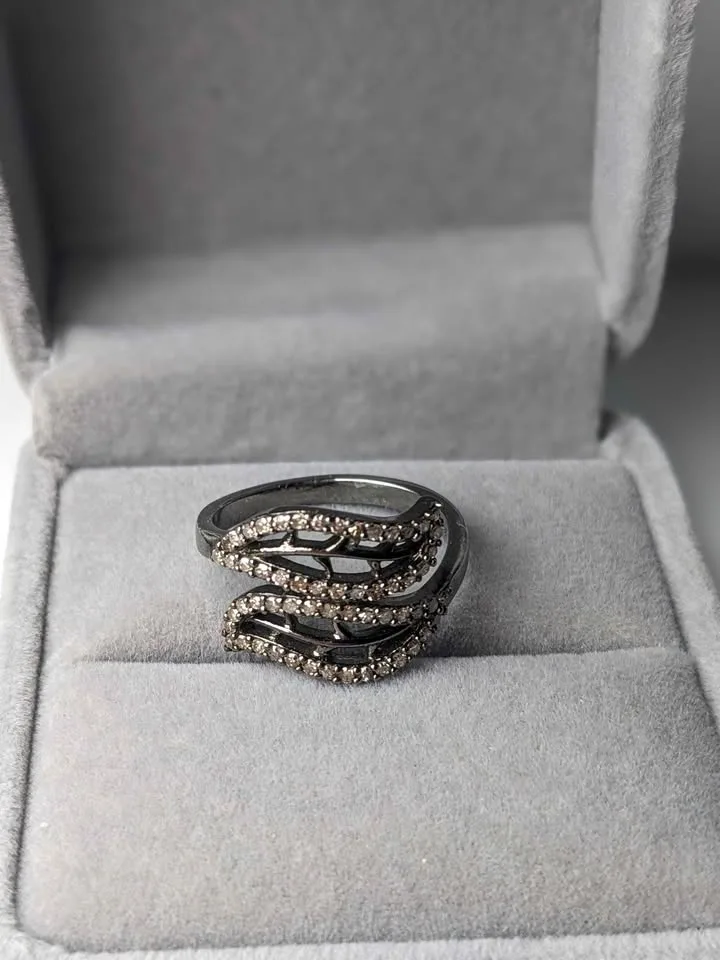 Diamond Ring Black Rhodium Plated 925 Silver 3.25g 0.4ct Leaf De image indicator(4)