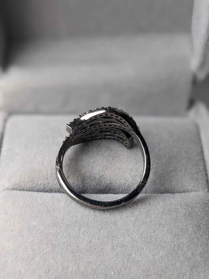 Diamond Ring Black Rhodium Plated 925 Silver 3.25g 0.4ct Leaf De image indicator(5)