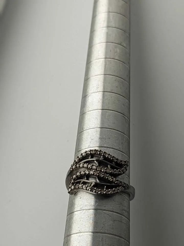 Diamond Ring Black Rhodium Plated 925 Silver 3.25g 0.4ct Leaf De image indicator(6)