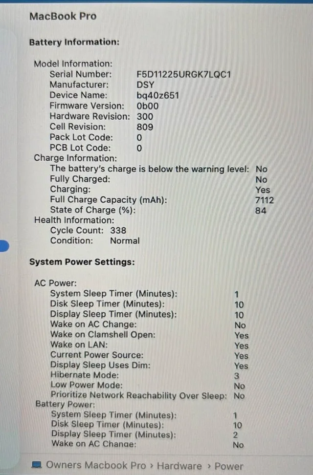 2019 MacBook Pro I7 16” Screen Display 300 Battery cycle image indicator(6)