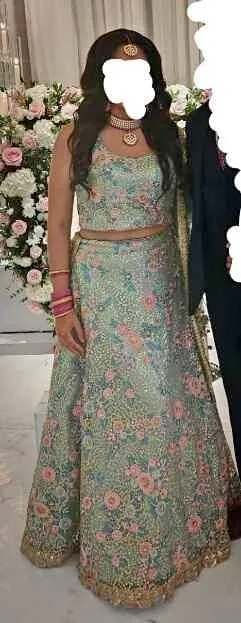 Pink and blue floral Very detailed wedding lengha