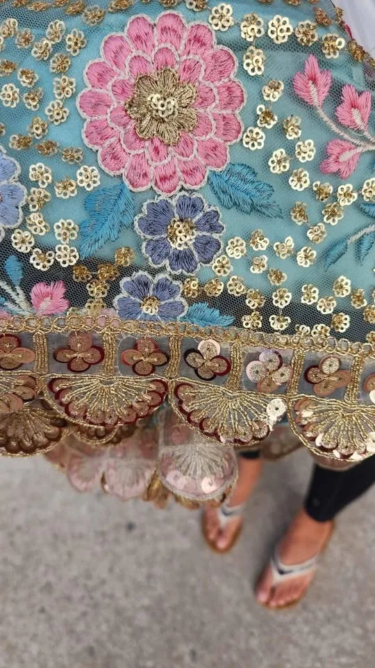 Pink and blue floral Very detailed wedding lengha image indicator(2)
