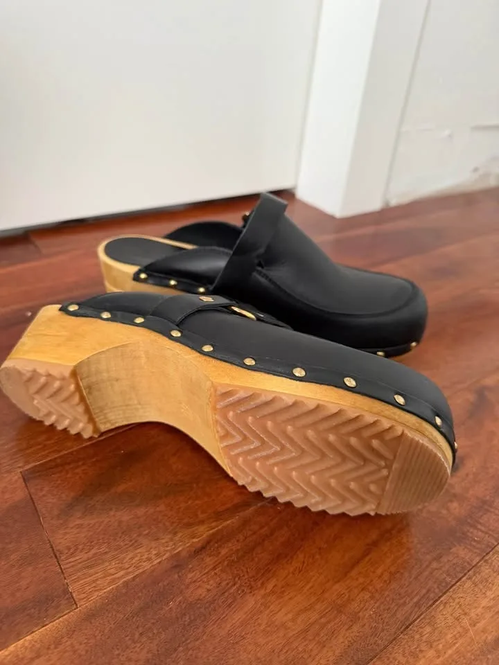 Sanita black Leather wooden clogs size 40 new $60 image indicator(2)