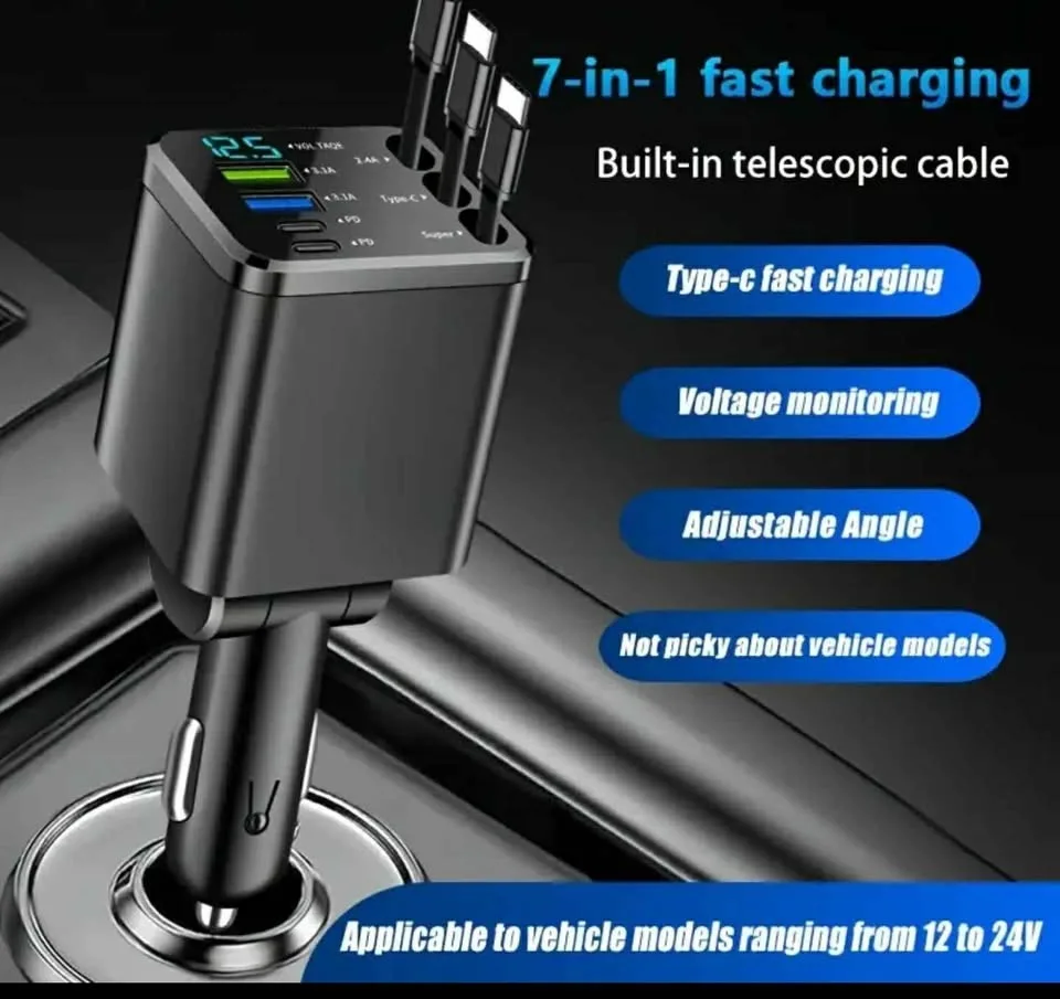 7-in-1 Car Charger 7 ports fast charging with 3 pullout cables image indicator(5)