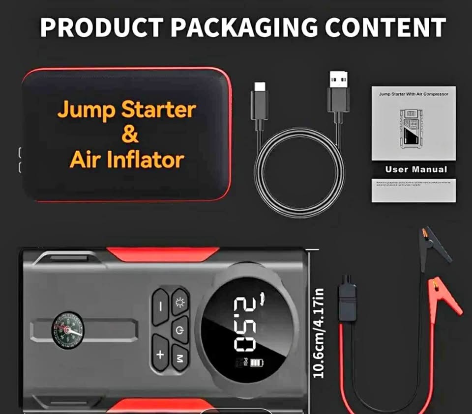 Portable Car Jump Starter with compass, air pump and emergency l