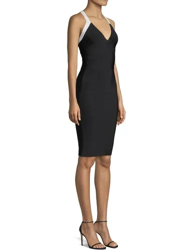 Herve Leger Contrast Strap V-Neck Bandage Dress Size Large MSRP