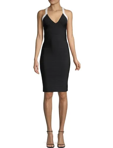 Herve Leger Contrast Strap V-Neck Bandage Dress Size Large MSRP image indicator(2)