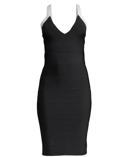 Herve Leger Contrast Strap V-Neck Bandage Dress Size Large MSRP image indicator(3)